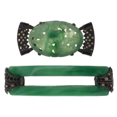 Sale Photo Thumbnail #56: Two Art Deco Jade, Peking Glass, Sterling Silver Pins