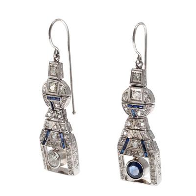 Sale Photo Thumbnail #518: Pair of Diamond, Sapphire, 14k White Gold Earrings