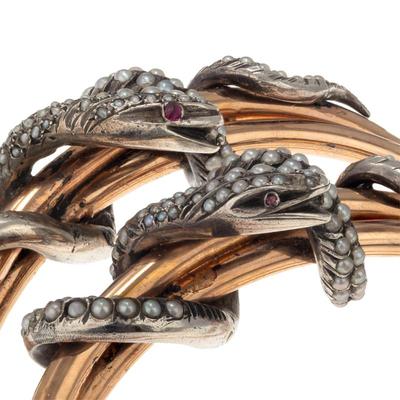 Sale Photo Thumbnail #482: Pair of Victorian Split Pearl, Ruby, 14k, Silver Snake Bracelets