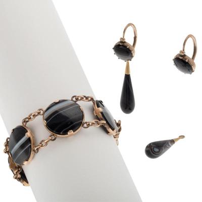 Sale Photo Thumbnail #184: Pair of Victorian Banded Agate Earrings and Fob