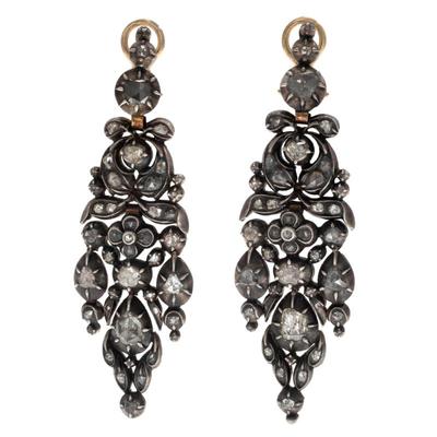 Sale Photo Thumbnail #408: Pair of Diamond, Gold, Silver Chandelier Earrings
