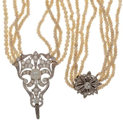 Sale Photo Thumbnail #473: Edwardian Diamond, Pearl, 14k White Gold Necklace