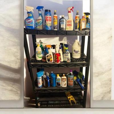 Storage Shelf With Cleaning Supplies On It 