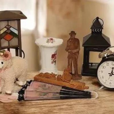 Decorative Home Accent Bundle: Stained Glass Lamp, Twin Bell Clock, Figurines & More