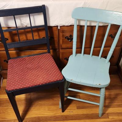 Vintage Oak Framed Mirror & Pair of Upcycled Accent Chairs - Light Blue & Navy