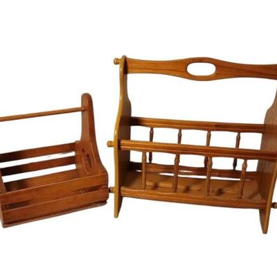 Pair of Vintage Wooden Magazine Racks - Spindle Design & Heart Cutout Crate