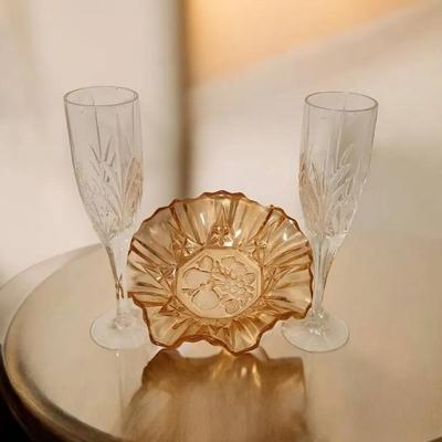 Vintage Indiana Glass "Garland" Peach Carnival Bowl & Crystal Champagne Flutes