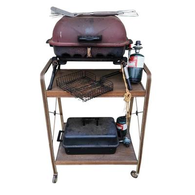 Vintage Tabletop Propane Grill & Rolling Cart with Grilling Accessories