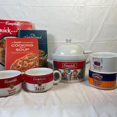 Vintage Campbell’s Soup Tureen, Mugs and Cookbooks – Collectible Lot