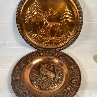 Set of 2 Decorative Copper-Tone Embossed Wall Plates with Wildlife Scenes