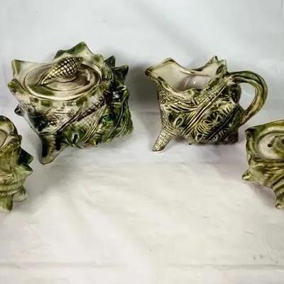 Vintage Japan Ceramic Seashell Creamer, Sugar & Salt Pepper Set – Green Shellware