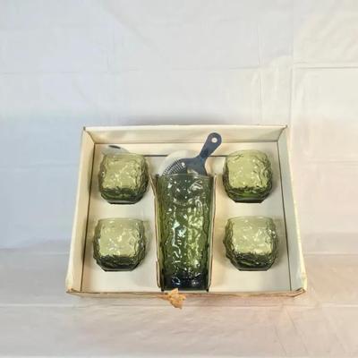 NOS Vintage Anchor Hocking Lido Cocktail Set – Green Glass, Boxed