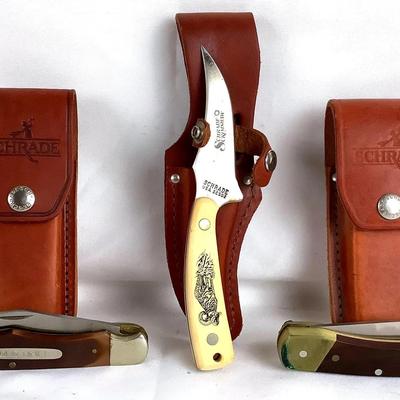 Schrade Knives – 3-Piece Lot w/ Leather Sheaths (USA)