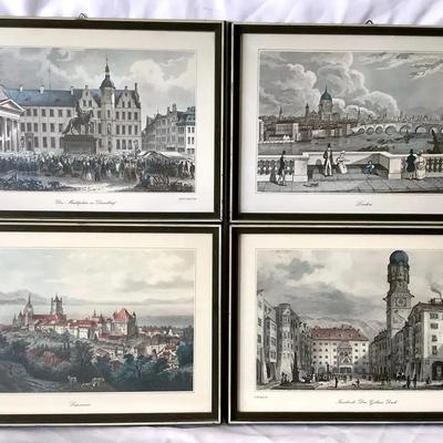 Set of 4 Framed Vintage German & European Cityscape Prints