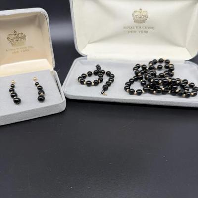 Vintage Black Bead Jewelry Set w/ 14K Gold Findings – Necklace, Bracelet & Earrings – Royal Touch In