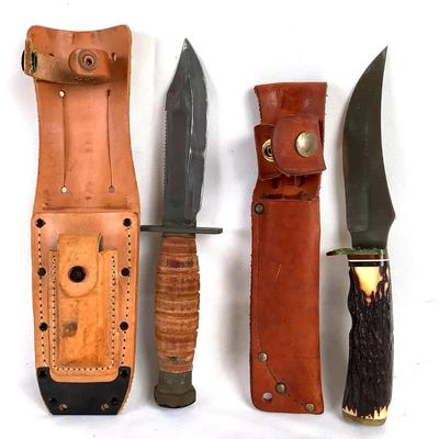 Fixed Blade Survival Knife Lot (2) – Leather & Stag Handles, Leather Sheaths Included