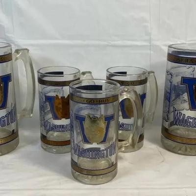 University of Washington Huskies Glass Beer Mugs – Lot of 5 (2 Large, 3 Small