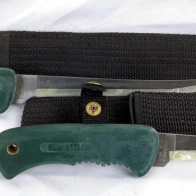 Old Timer Fixed Blade Hunting Knife Lot (2) – Green Safe-T-Grip Handles, Sheaths Included