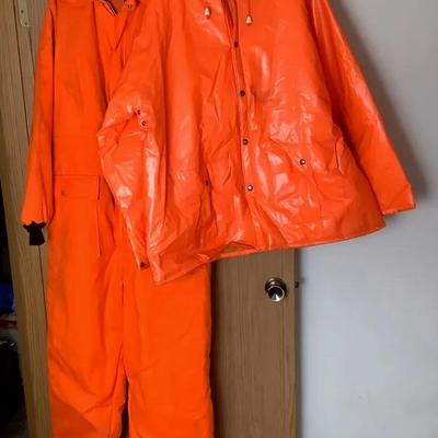 High-Visibility Hunting Apparel Lot – Orange Rain Jacket (XXL), Coveralls & Browning Hat