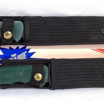 Old Timer Fixed Blade Knives (2) – Green Safe-T-Grip Handles, Sheaths, One w/ Original Box