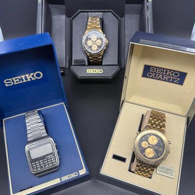 Vintage Seiko Watch Lot of 3 – Quartz World Timer Chronograph & Digital – Original Boxes