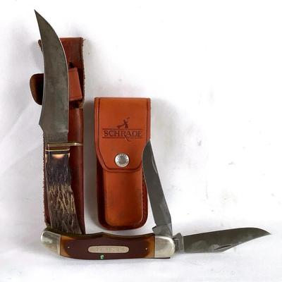 Schrade Knife Lot – Fixed Blade w/ Leather Sheath & Folding Pocket Knife