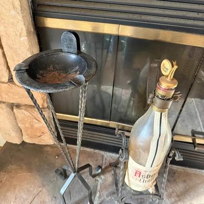 Vintage Metal Ashtray, Stand And Giant German Liquor Bottle In Iron Stand