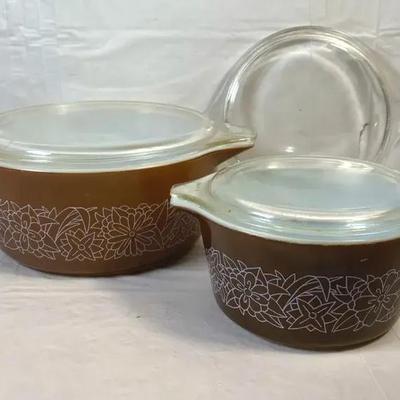 Vintage Pyrex Woodland Brown Floral Casserole Dishes w/ Glass Lids – 1970s