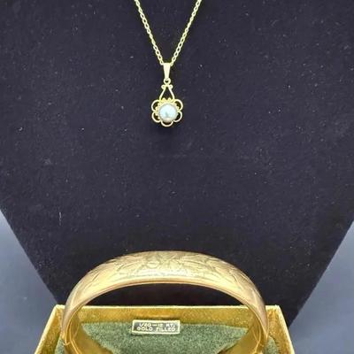 Vintage 12K Gold Pearl Pendant Necklace & 1/20 12K Gold-Filled Hinged Bracelet w/ Box