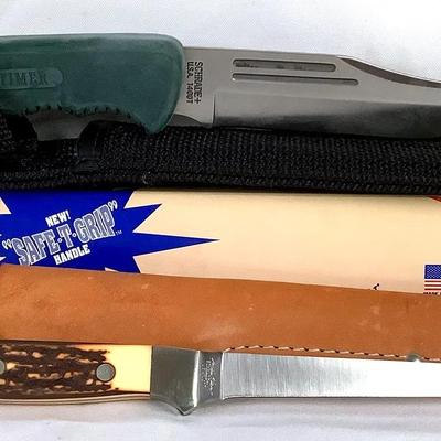 Buck Old Timer Green Handle Knife w/ Box & Fillet Knife w/ Sheath – 2-Piece Lot