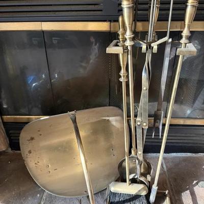  Brass Toned Fireplace Tools, And Metal, Brass Toned Wood Carrier