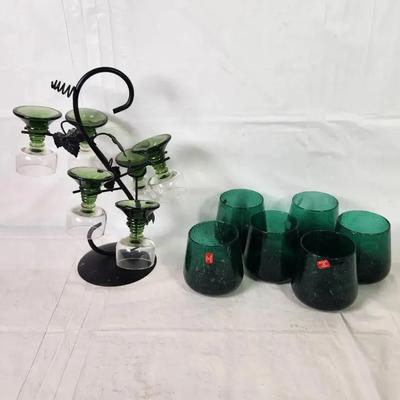 Mid-Century Cordial Glasses with Metal Stand & Italian Green Glass Tumblers