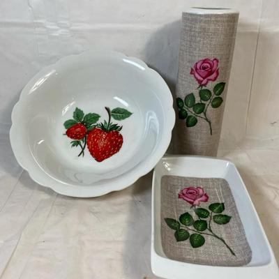 German Bavarian Porcelain Lot – Winterling Tray & Vase + Strawberry Bowl