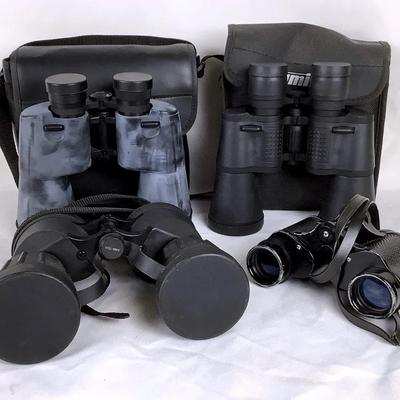 Binocular Lot (4) – Mixed Styles & Sizes, Includes Carrying Cases