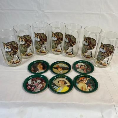 Coca-Cola Norman Rockwell Reproduction Drinking Glasses & Vintage Coaster Set