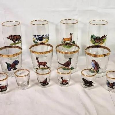Handcrafted Hand-Painted German Eingerbrannt Glassware Set w/ Gold Rim – Hunting Sc Glassware Lot #2