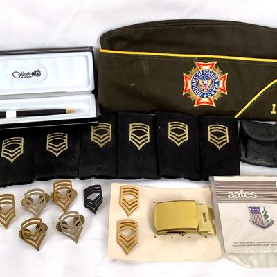 VFW & U.S. Army Insignia Lot – Caps, Rank Patches, Belt Buckles & Accessories