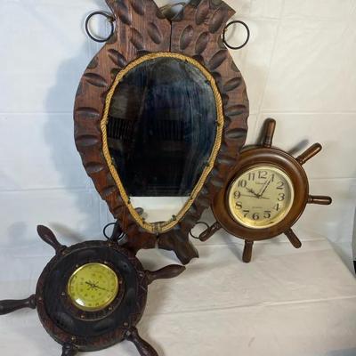 Vintage Nautical Wall Decor – Mirror with Ship Wheel Clock & Barometer
