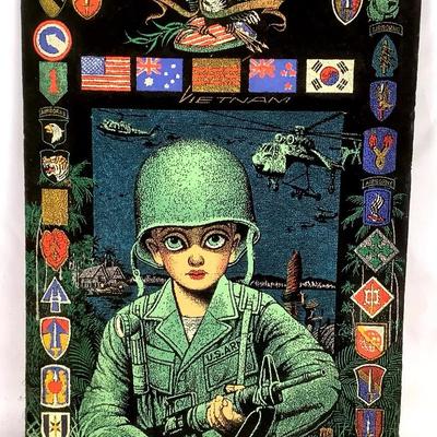 Vintage Military Soldier Black Velvet Art with Unit Patches – Framed