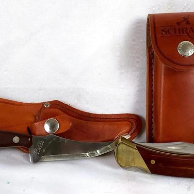 Schrade Knife Lot – Fixed Blade w/ Leather Sheath & Folding Pocket Knife
