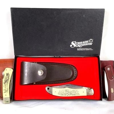 Schrade Knife Lot (3) – Folding Pocket Knives & Fixed Blade, Box & Sheath Included