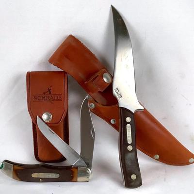 Old Timer Knife Lot (2) – Fixed Blade w/ Leather Sheath & Dual-Blade Folding Knife