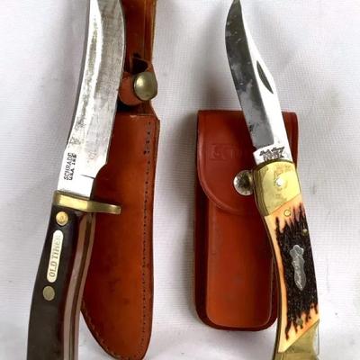 Old Timer Knife Lot (2) – Fixed Blade w/ Leather Sheath & Dual-Blade Folding Knife