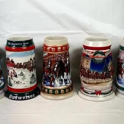 Budweiser Christmas Holiday Beer Steins – Vintage Collector Lot (5
