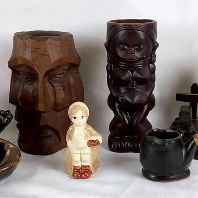 Vintage Carved Wood & Ceramic Figural Decor Lot – Tiki, Animals & Novelty Pieces