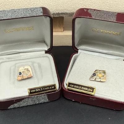 Vintage O.C. Tanner 10K Gold Cross Emblem Lapel Pins (Pair) w/ Blue Stone – In Original Boxes