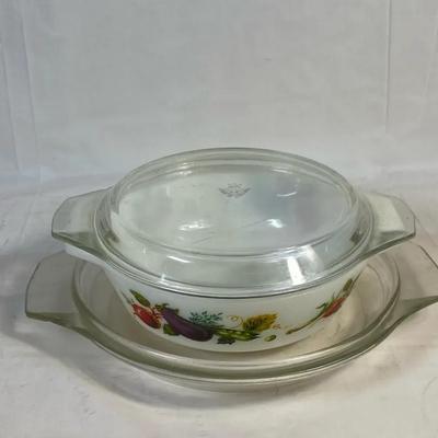 Vintage English Milk Glass Covered Casserole Dish w/ Vegetable Motif