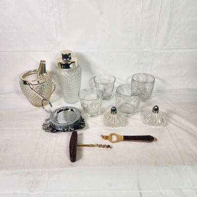 Mid-Century Vintage Barware Lot – Glasses, Shaker, Ice Bucket & Accessories