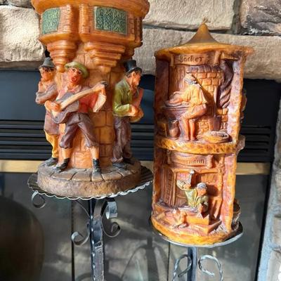 Vintage Carved German Candles. On Iron Candle Stands.