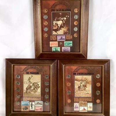 Framed “The American Indian / The Pioneers” U.S. Stamp Art – Western History Wall Decor